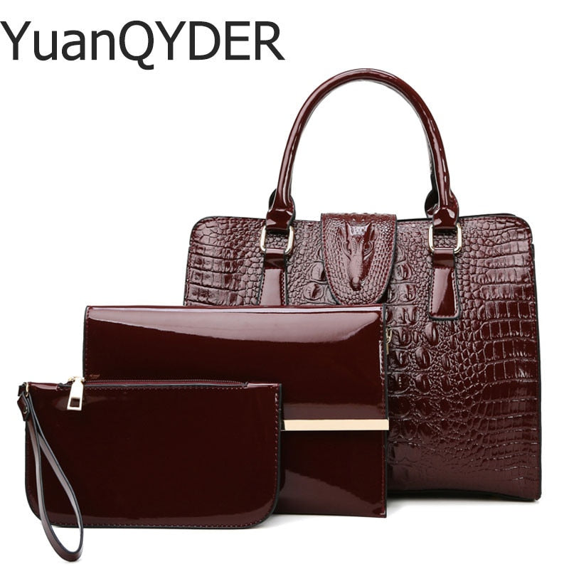 3 Sets Fashion Patent Leather Women Tote Bag Luxury Handbags Crocodile Pattern