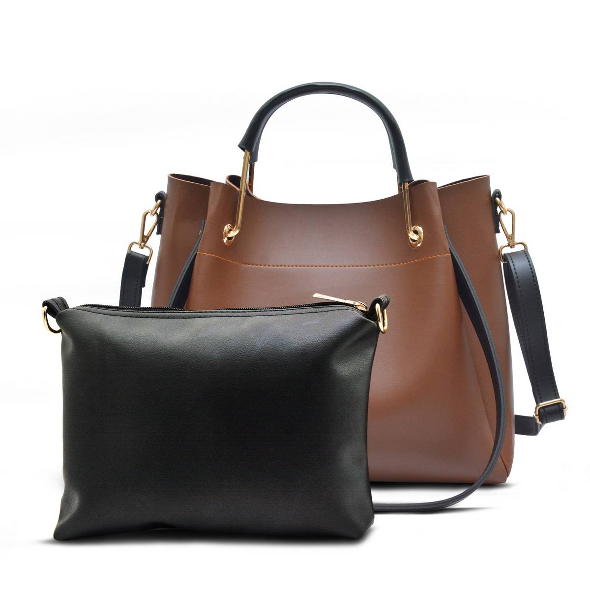 Brown - Leather Hand Bag & Shoulder Bag - With Inside Small Pouch