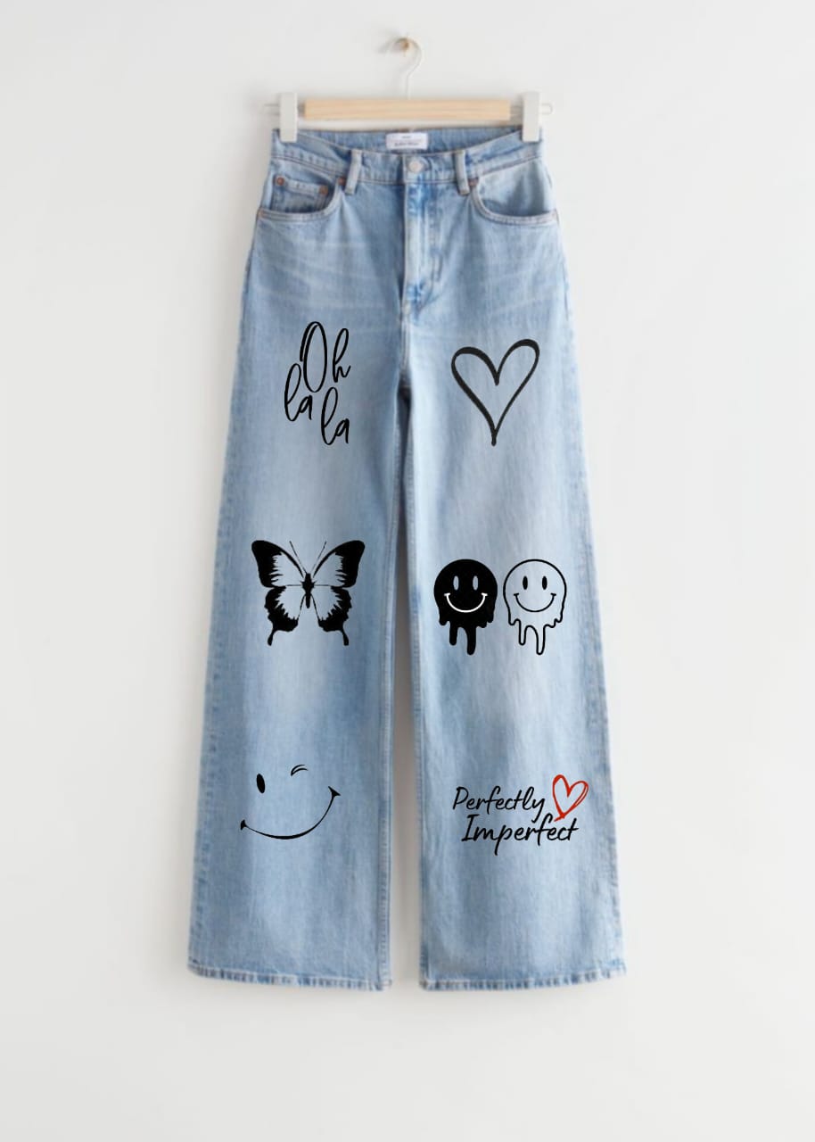 High Waist  Light Blue Graphic Printed Wide Leg Jeans for Girls and Women | Oversized Jeans | Baggy Jeans