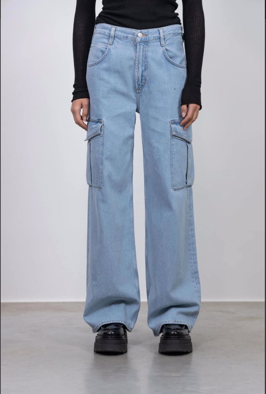 Fashionable Highwaist Wide Leg Denim Cargo Jeans for Women - 6 Pockets, Sky Blue, Trendy and Functional