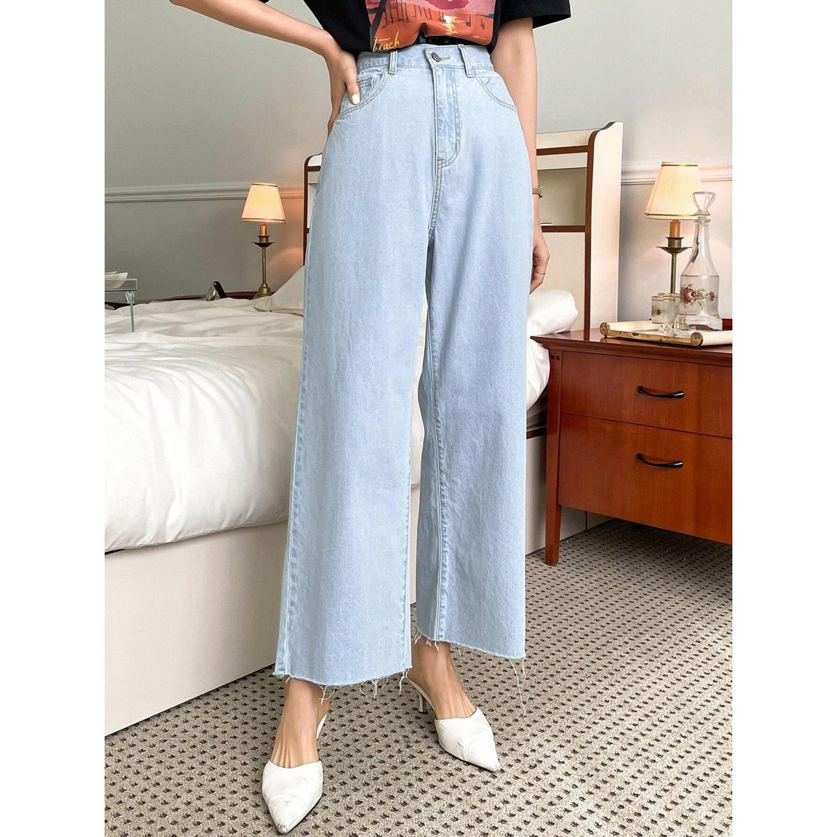 Women Ice Blue Wide Leg High Waist Calf Lenght Denim Jeans  Export Quality  ZRANZIE