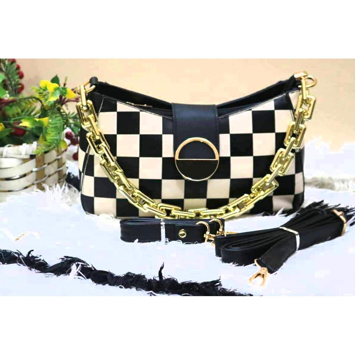 Cross body stylish hand bag in check print with chain