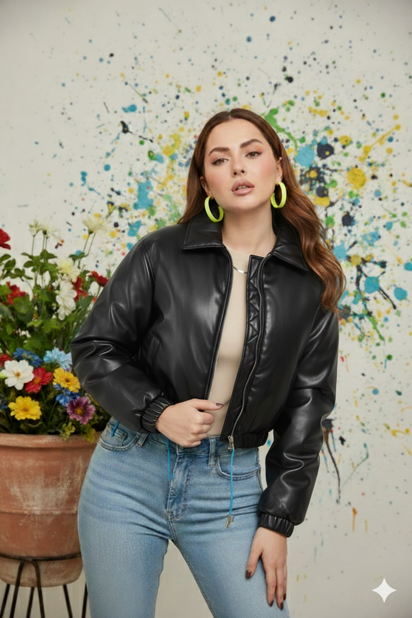 PADDED FAUX LEATHER BOMBER JACKET