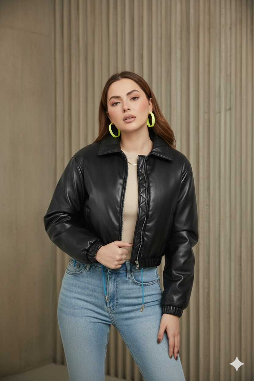 PADDED FAUX LEATHER BOMBER JACKET