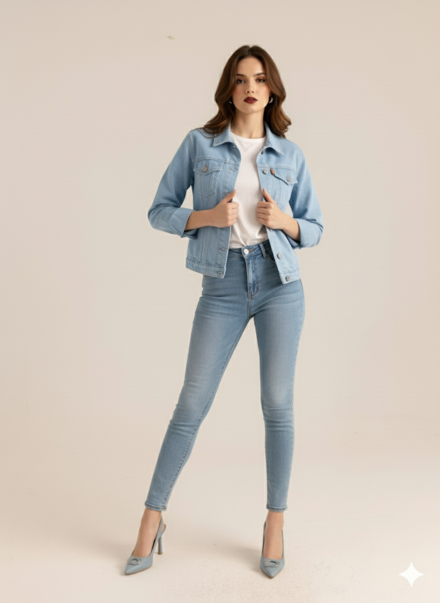 Regular Fit Sky Blue Denim Jacket for girls