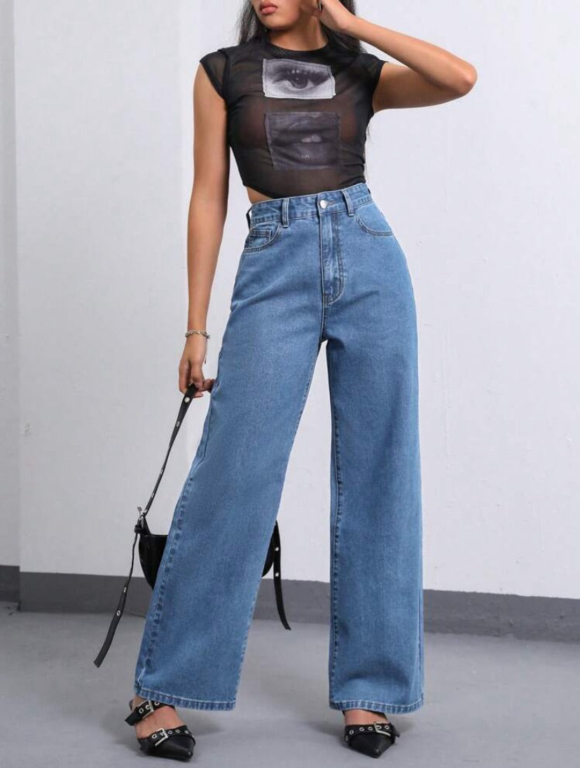 Medium Blue Wide Leg High Waisted Denim Jeans | Premium Quality | ZRANZIE