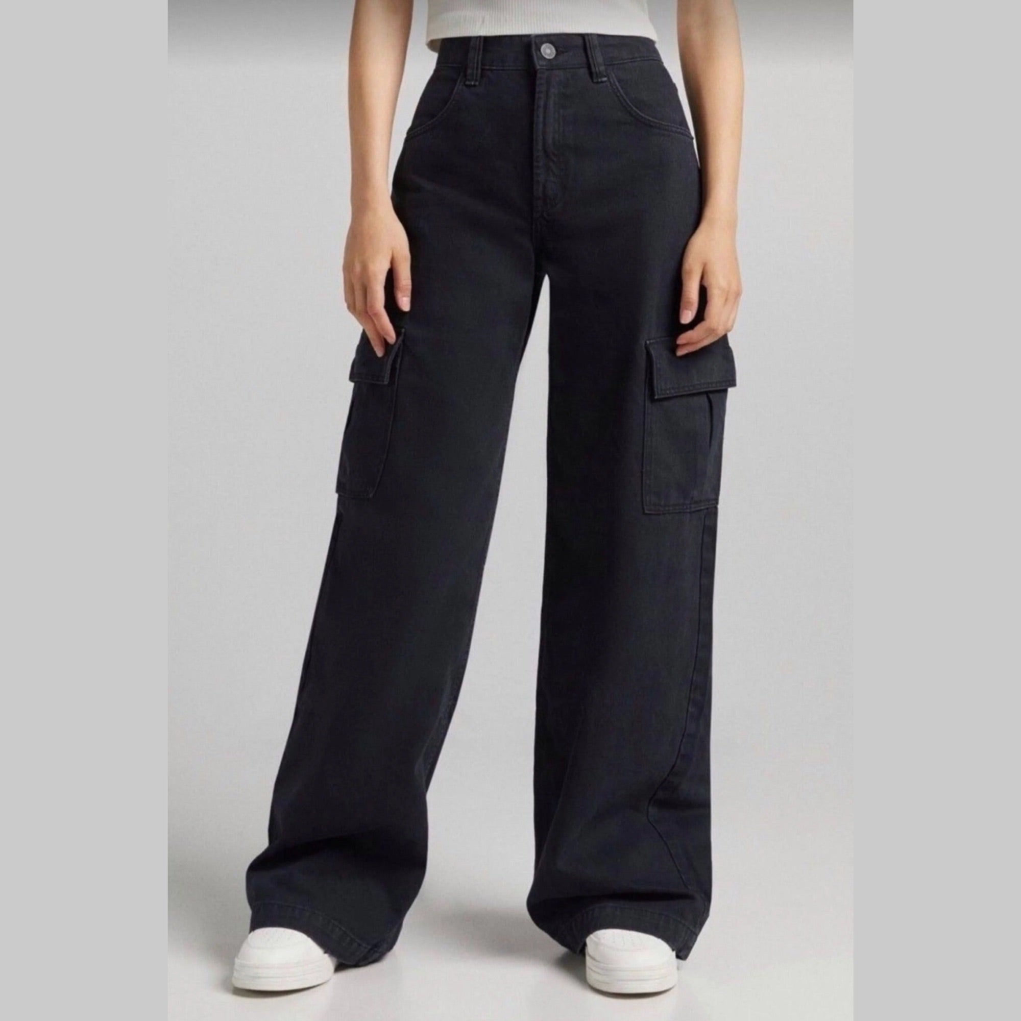 Women’s Black Wide Leg 6 Pockets Cargo Denim Jeans | High Waist Baggy Fit
