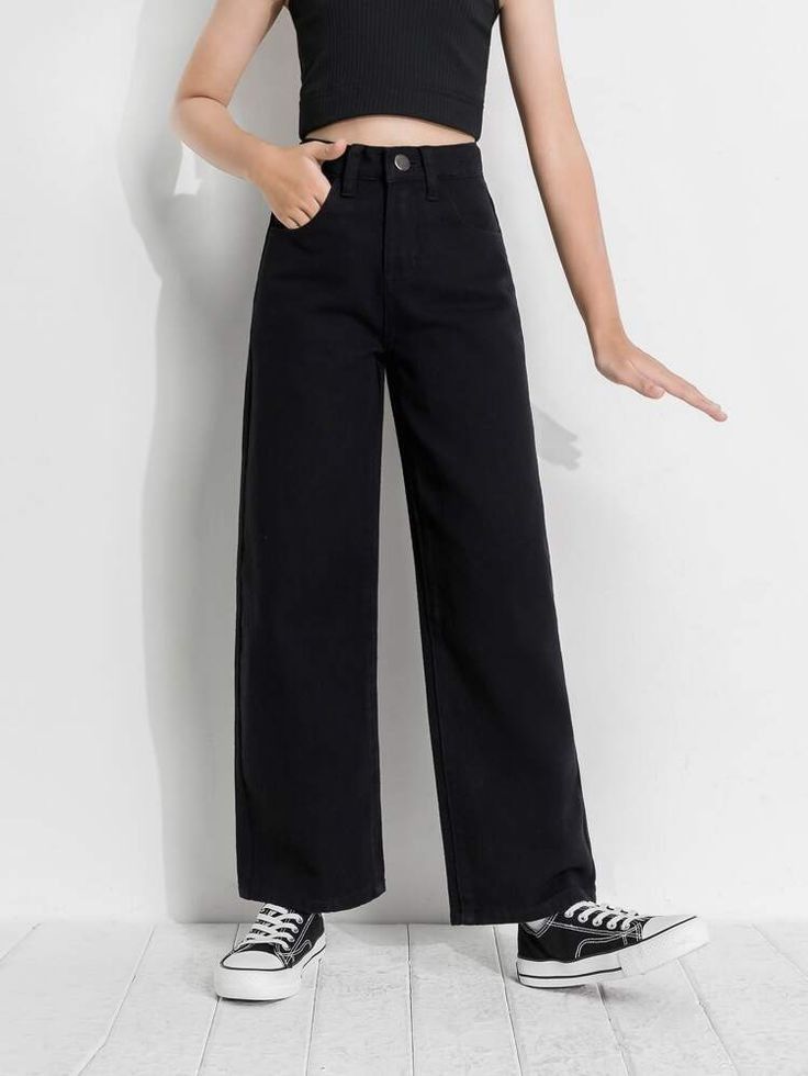 Top grade black high waist denim for girls - women wide leg pants -high quality black high waist women jeans