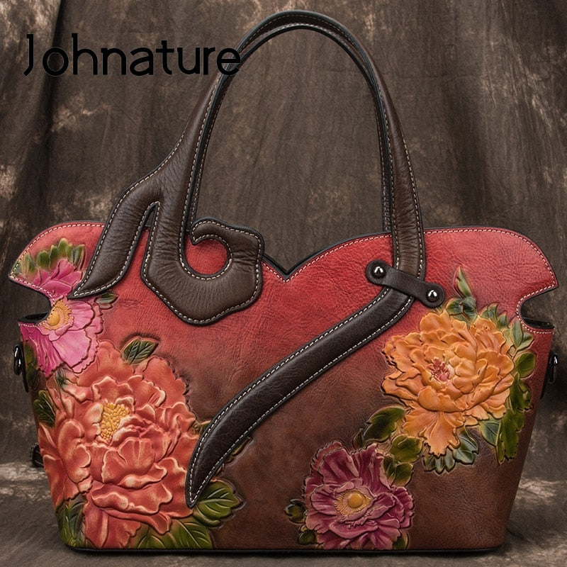 Johnature Handmade Embossing Retro Luxury Handbag