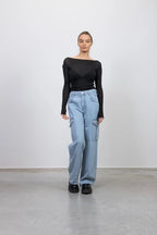 Fashionable Highwaist Wide Leg Denim Cargo Jeans for Women - 6 Pockets, Sky Blue, Trendy and Functional